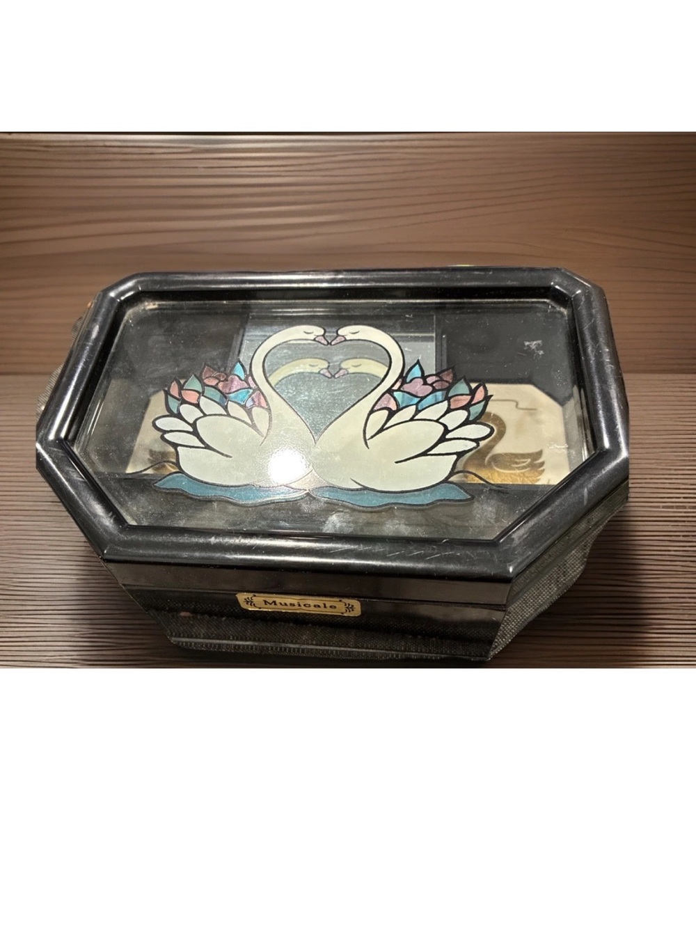 Octagonal Glass-Top Jewelry Box with Swan Motif - Black & Pastel
